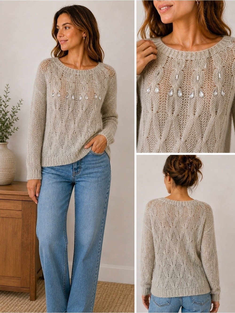 BENETTON crochet neutral jewells knit cream sweater sequin embellishments